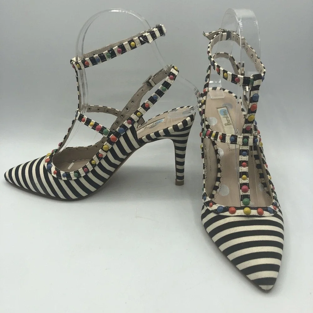 Boden Ashley Striped Courts heels Pumps Spain Studded Double T Bar Straps Sz 5.5